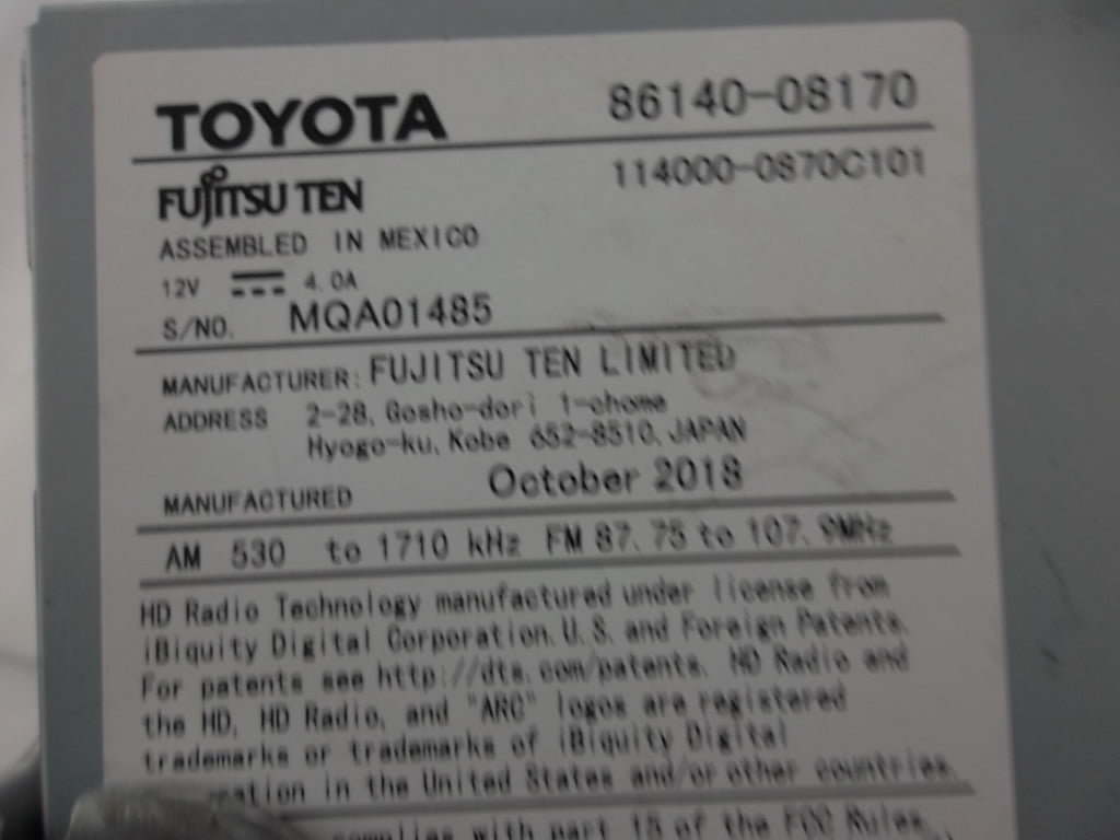 2019-2020 Toyota Sienna Radio Receiver CD Player 86140-08170