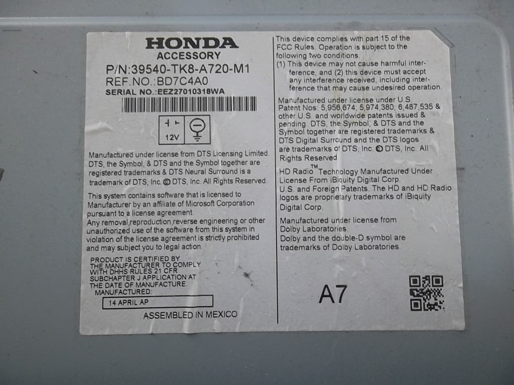 2014-2017 Honda Odyssey Radio Receiver Display Screen Panel Touring Elite